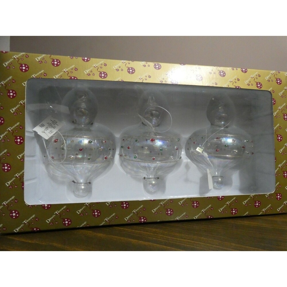 Vintage NOS Dillard's Trimmings Glass Ornaments 3 Clear & Holiday Jewel 4" Each